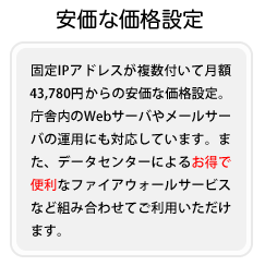 固定IPアドレスが複数付いて月額41,790円からの安価な価格設定。庁舎内のWebサーバやメールサーバの運用にも対応しています。また、データセンターによるお得で便利なファイアウォールサービスなど組み合わせてご利用いただけます。